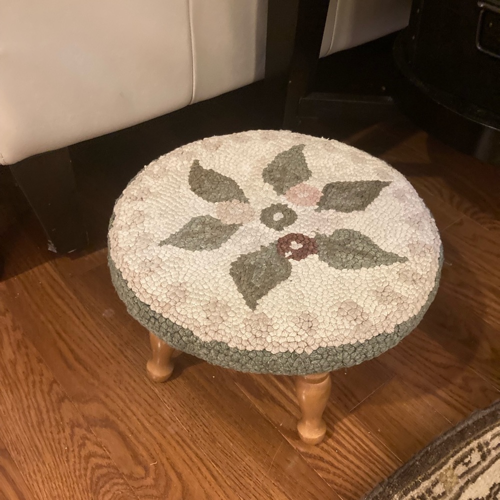Vintage floral hooked rug footstool